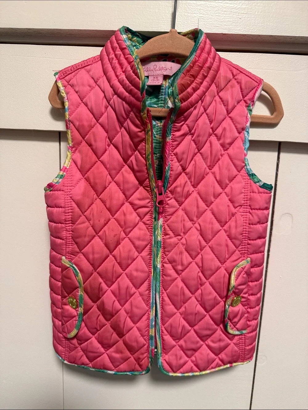 Lilly Pulitzer Coral Pink Quilted Girls' Vest with Printed Trim
